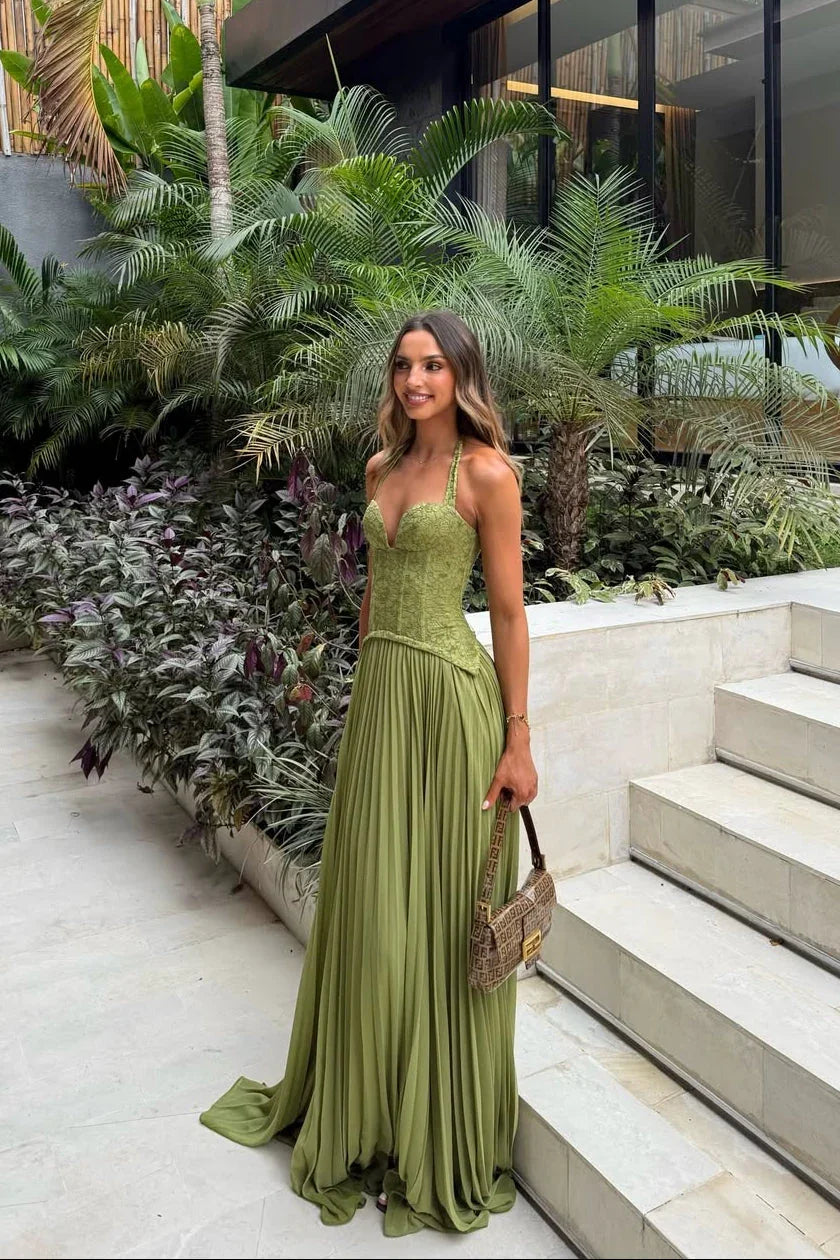 Aurelia | Pleated Corset Maxi Dress Green Occasion Wear