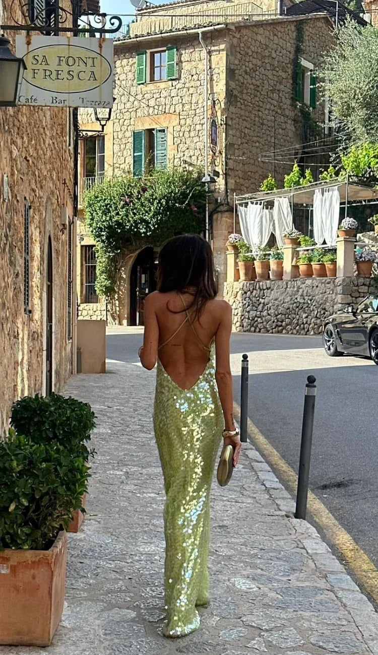 Floriane | Green Sequin Backless Evening Maxi Dress