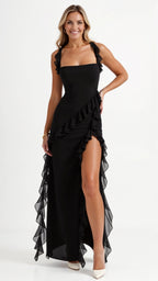 Bryony | Square Neck Ruched Asymmetric Maxi Evening Dress