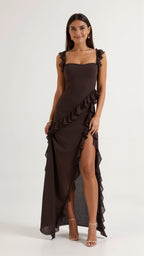 Bryony | Square Neck Ruched Asymmetric Maxi Evening Dress