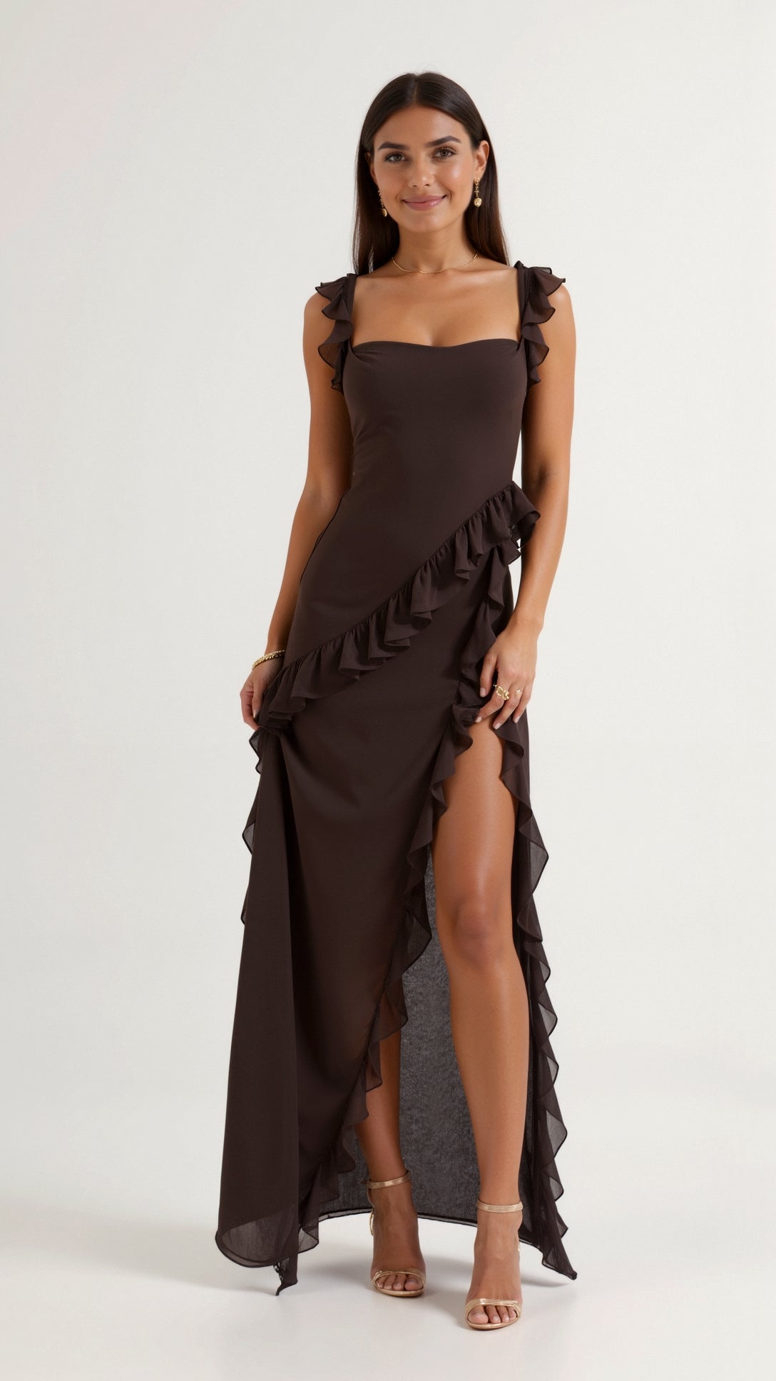 Bryony | Square Neck Ruched Asymmetric Maxi Evening Dress