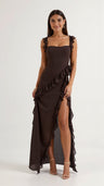Bryony | Square Neck Ruched Asymmetric Maxi Evening Dress