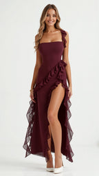 Bryony | Square Neck Ruched Asymmetric Maxi Evening Dress