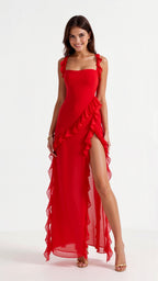 Bryony | Square Neck Ruched Asymmetric Maxi Evening Dress