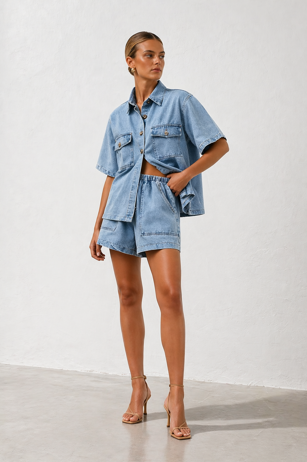 Vivienne | Women's Denim Two Piece Shirt & High-Waist Shorts Set