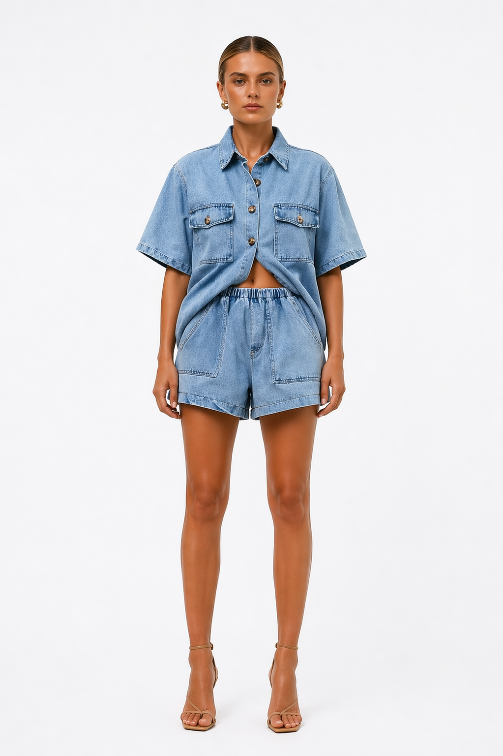 Vivienne | Women's Denim Two Piece Shirt & High-Waist Shorts Set