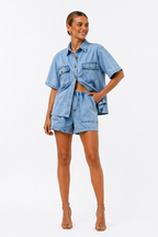 Vivienne | Women's Denim Two Piece Shirt & High-Waist Shorts Set