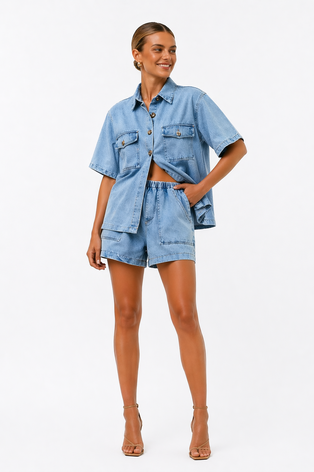 Vivienne | Women's Denim Two Piece Shirt & High-Waist Shorts Set