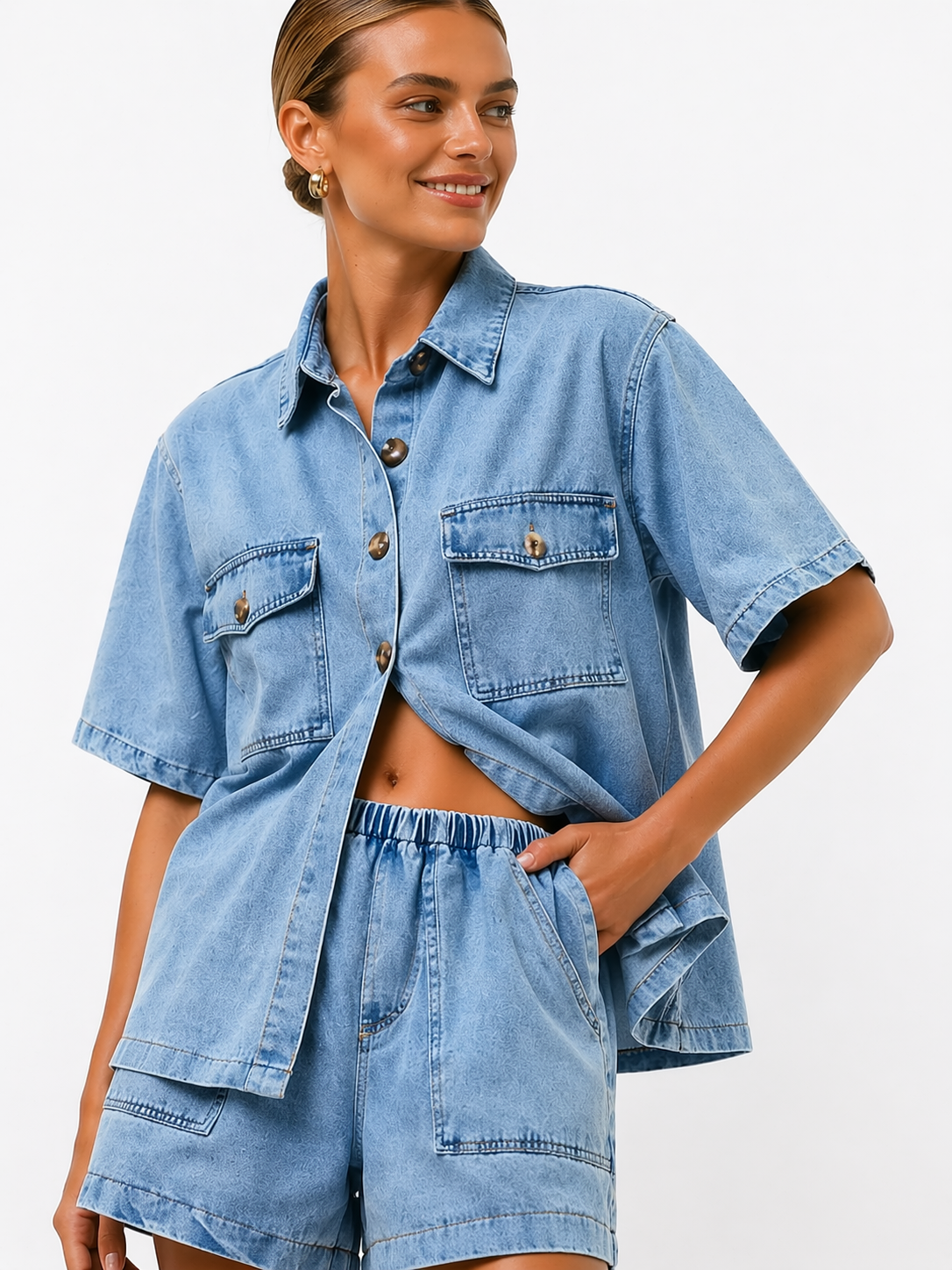 Vivienne | Women's Denim Two Piece Shirt & High-Waist Shorts Set