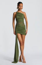 Esmee | Sleeveless Ruched Sage Green Draped Mini Dress