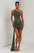 Esmee | Sleeveless Ruched Sage Green Draped Mini Dress