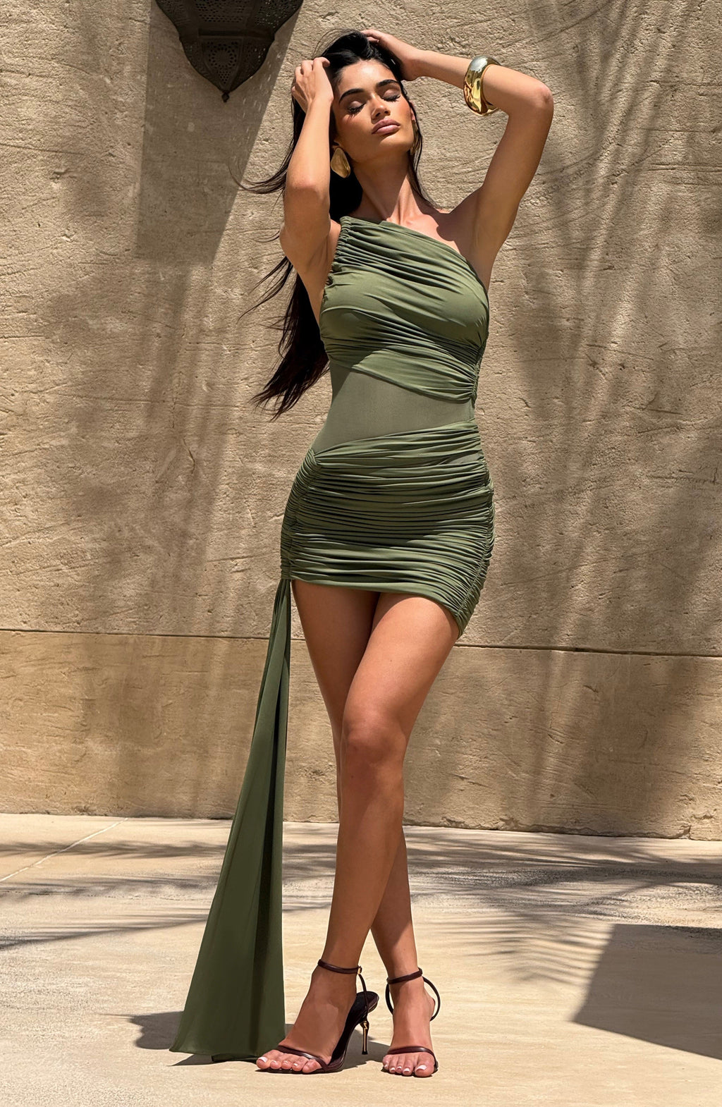 Esmee | Sleeveless Ruched Sage Green Draped Mini Dress