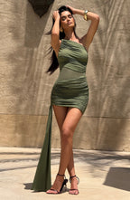 Esmee | Sleeveless Ruched Sage Green Draped Mini Dress