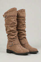 Lucinda | Chunky Black Leather Block Heel Knee High Boots — Camel