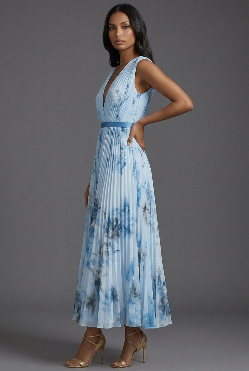 Bridget | Floral Pleated V-Neck Midi Bridesmaid Dresses