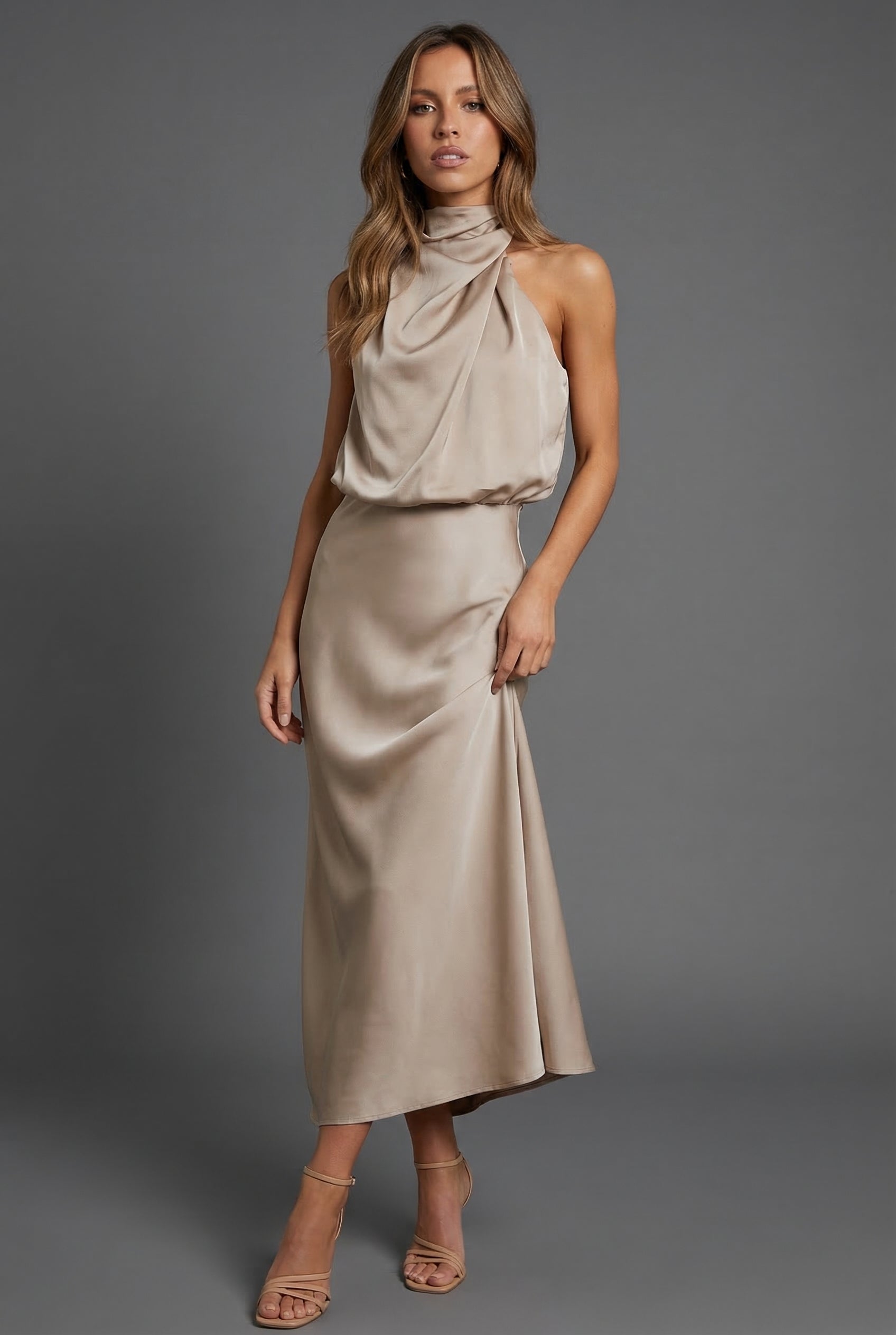 Sidonie | Summer Wedding Guest Dress Halter Neck Satin Midi