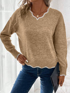 Violaine | Beige White Sleeveless V Roll Neck Knit Jumper Sweater — Khaki