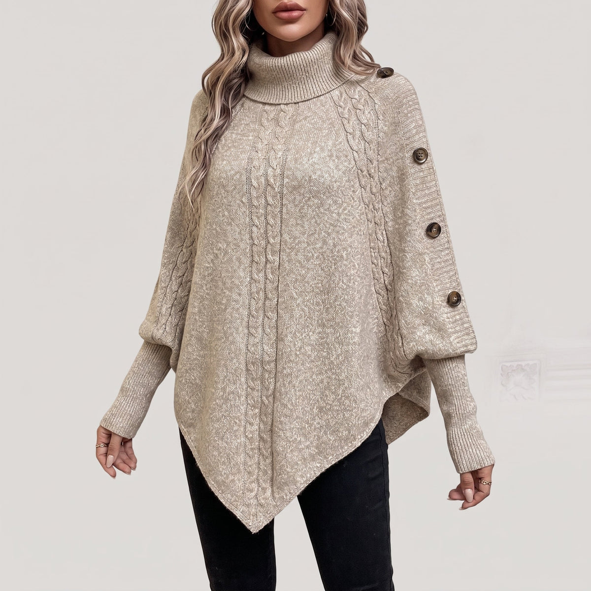 Cosima | Oversized Cable Knit Chunky Turtleneck Long Cardigan Sweater — Blue