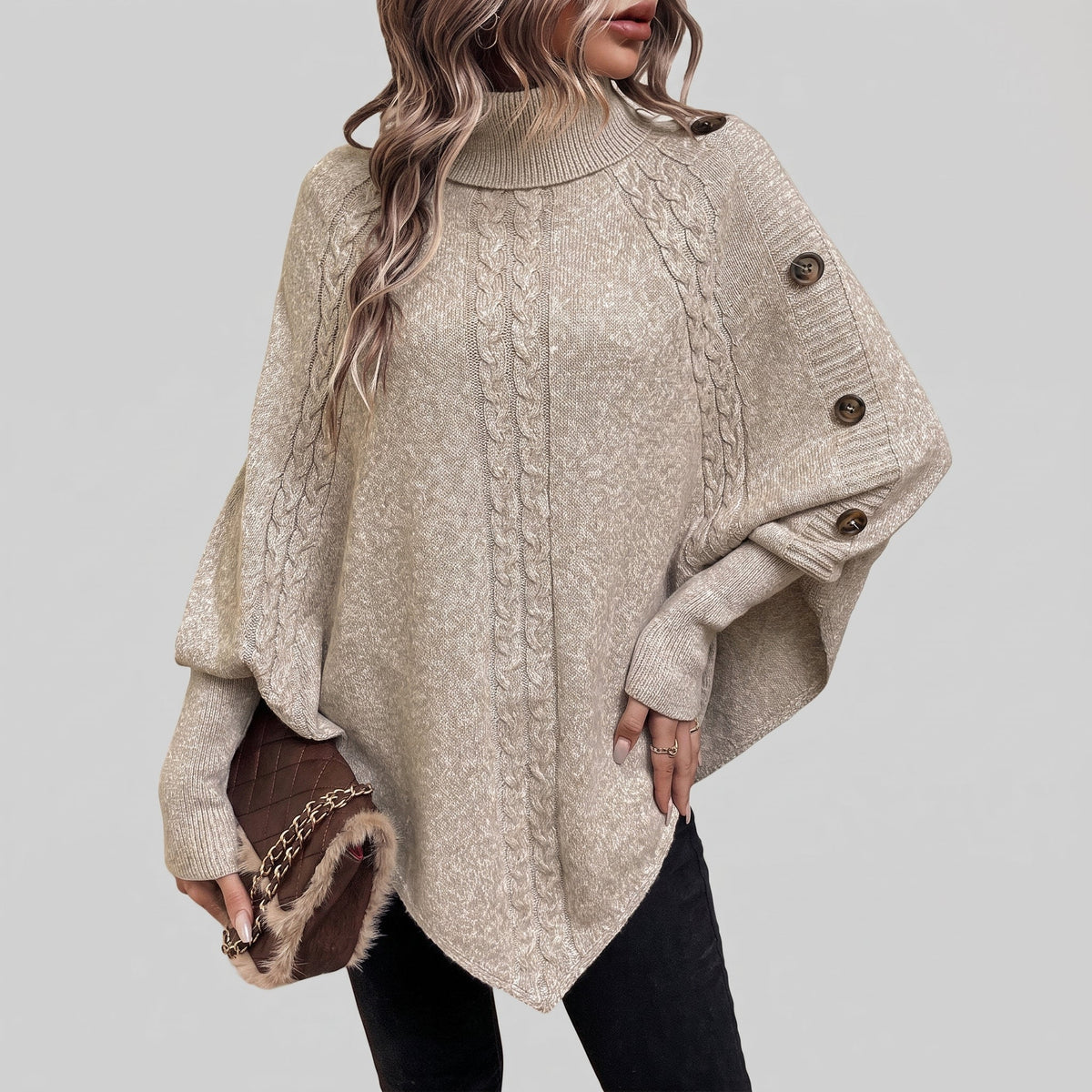 Cosima | Oversized Cable Knit Chunky Turtleneck Long Cardigan Sweater — Khaki