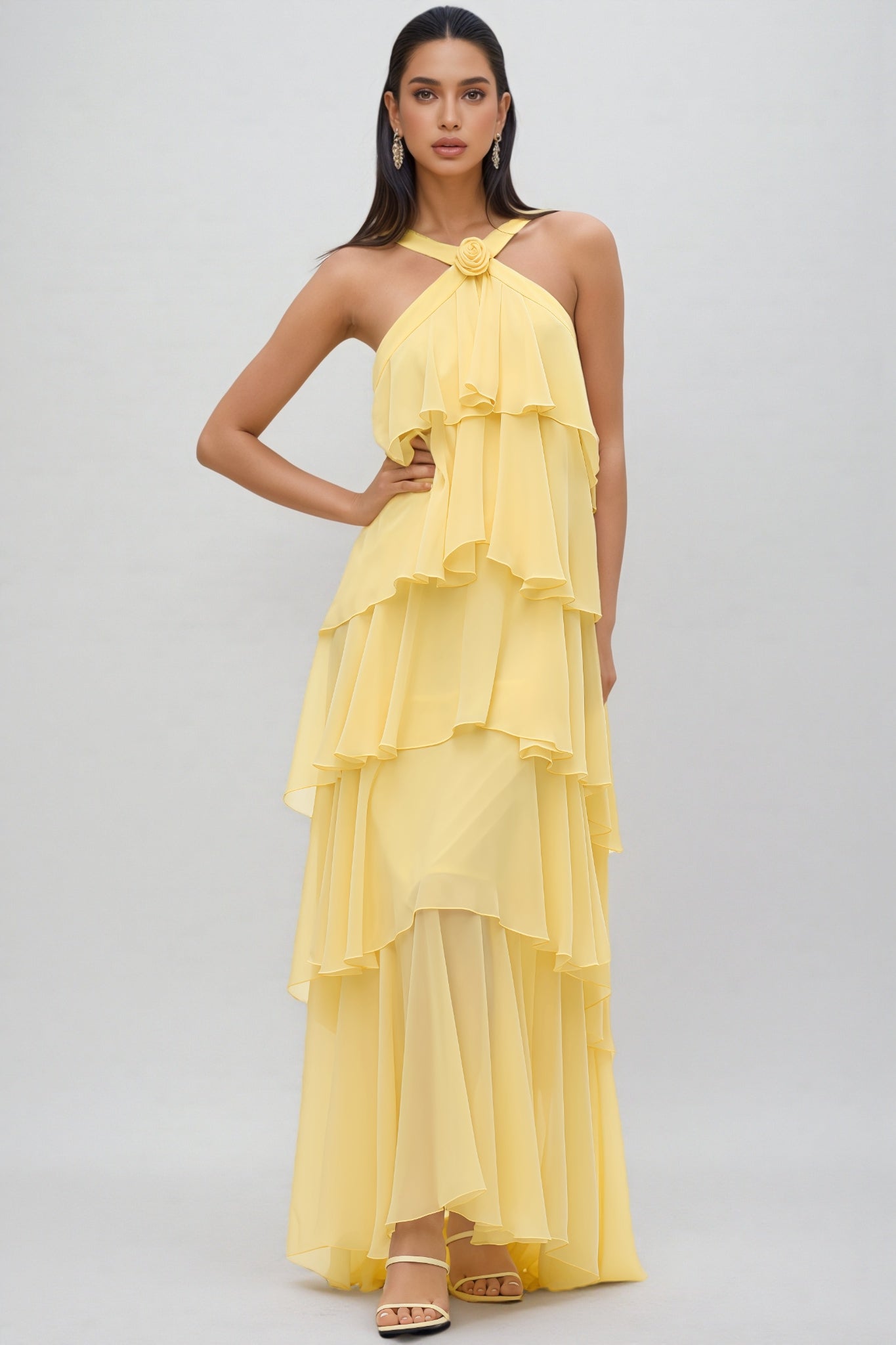 Camille | Layered Halter Neck Yellow Maxi Dress For Occasions