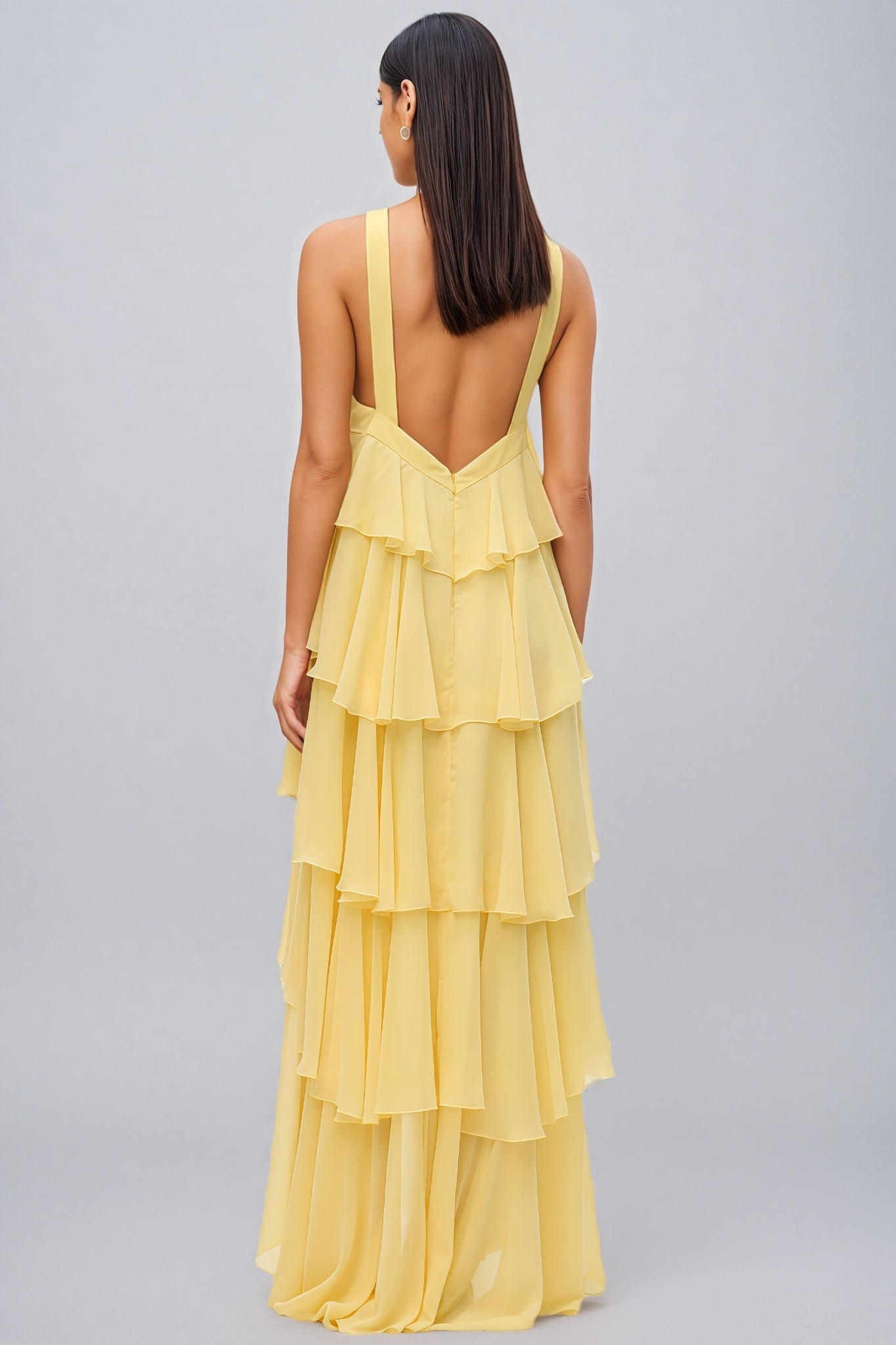 Camille | Layered Halter Neck Yellow Maxi Dress For Occasions
