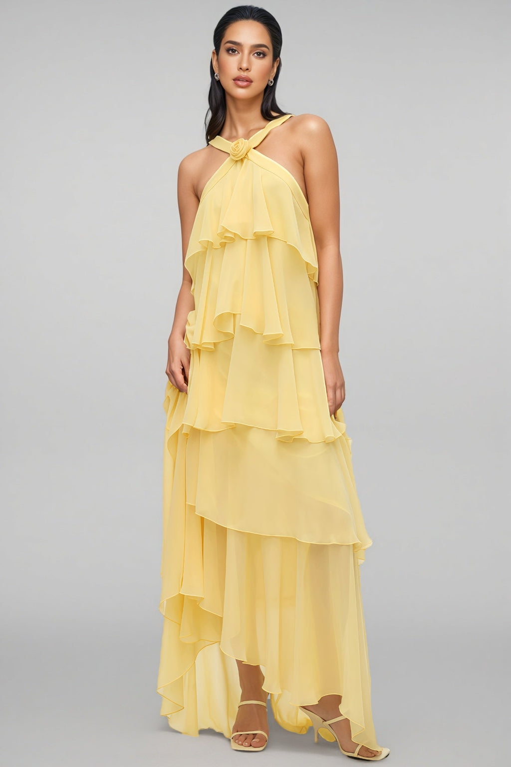 Camille | Layered Halter Neck Yellow Maxi Dress For Occasions
