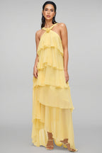 Camille | Layered Halter Neck Yellow Maxi Dress For Occasions