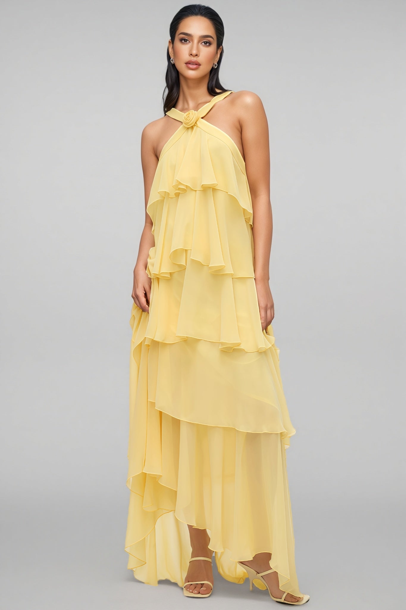 Camille | Layered Halter Neck Yellow Maxi Dress For Occasions