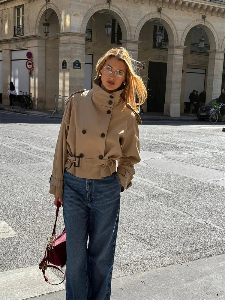 Genevieve | Women's Beige Short Trench Coat City Chic Jacket