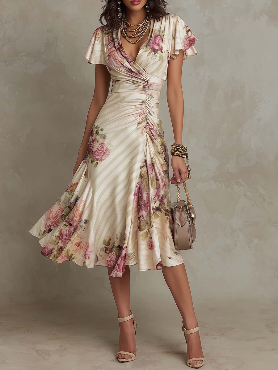 Francesca | Floral Satin Garden Party Dress With Ruching