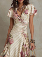 Francesca | Floral Satin Garden Party Dress With Ruching