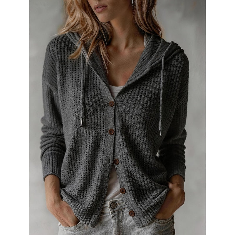 Theodora | Chunky Cable Knit Ribbed Cardigan Cream Rib Hooded — Grey