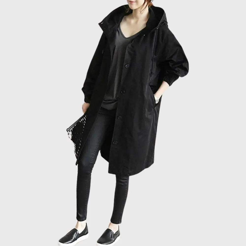 Evangeline | Waterproof Wool Black Long Trench Rain Coat — Black