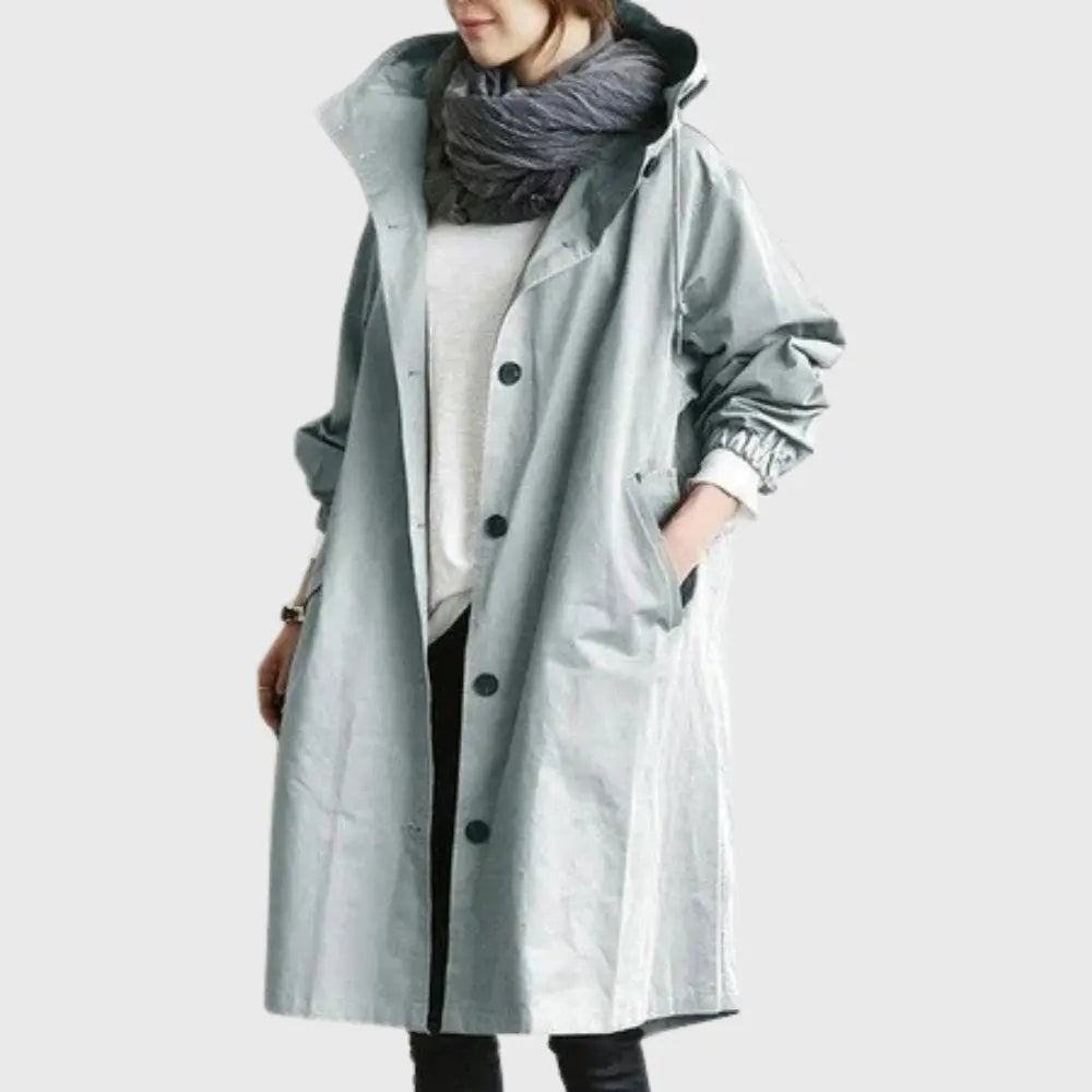 Evangeline | Waterproof Wool Black Long Trench Rain Coat — Light Blue