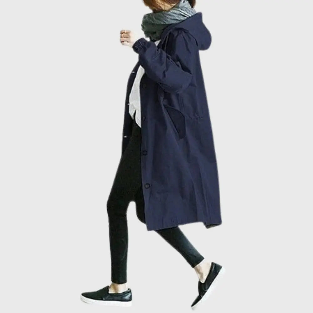 Evangeline | Waterproof Wool Black Long Trench Rain Coat — Blue