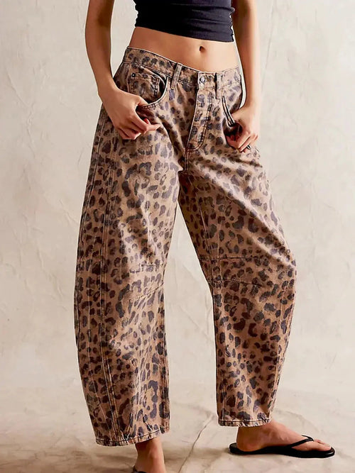 Adeline | Wide Leg High Waist Leopard Print Denim Pants — Leopard