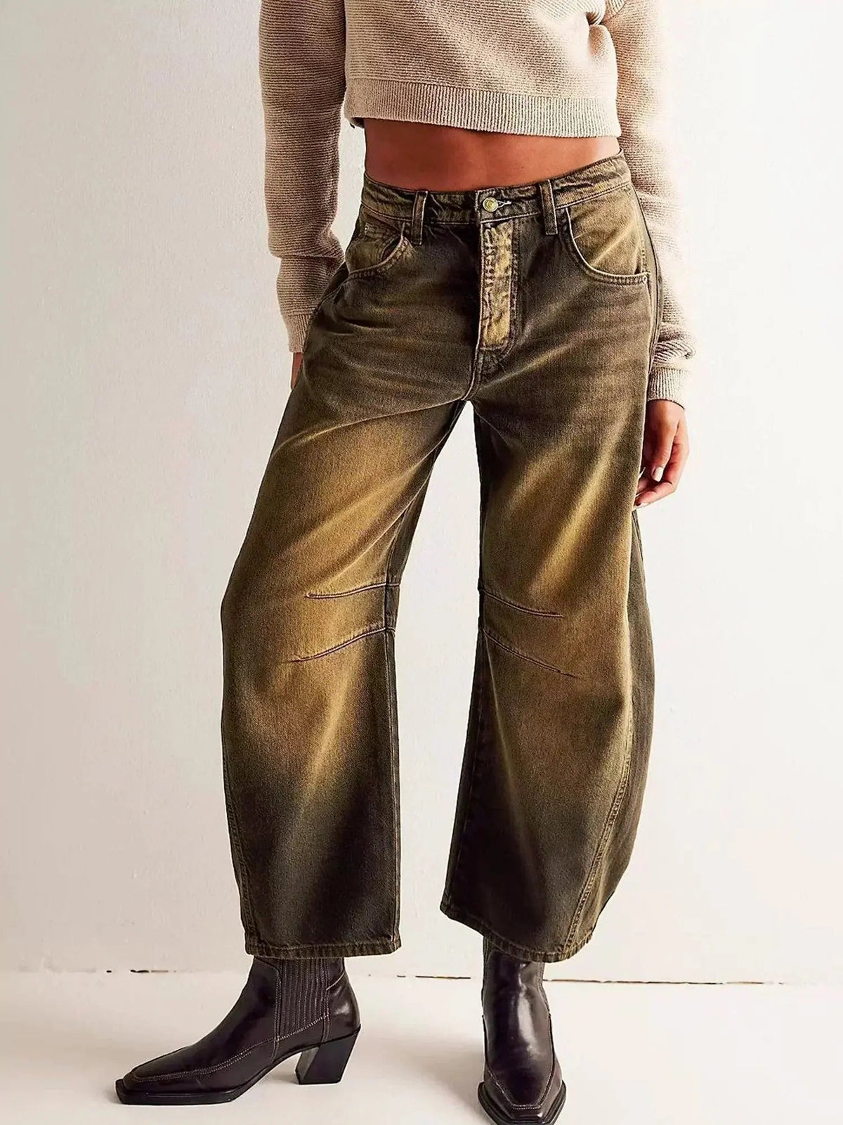 Adeline | Wide Leg High Waist Leopard Print Denim Pants — Light Brown
