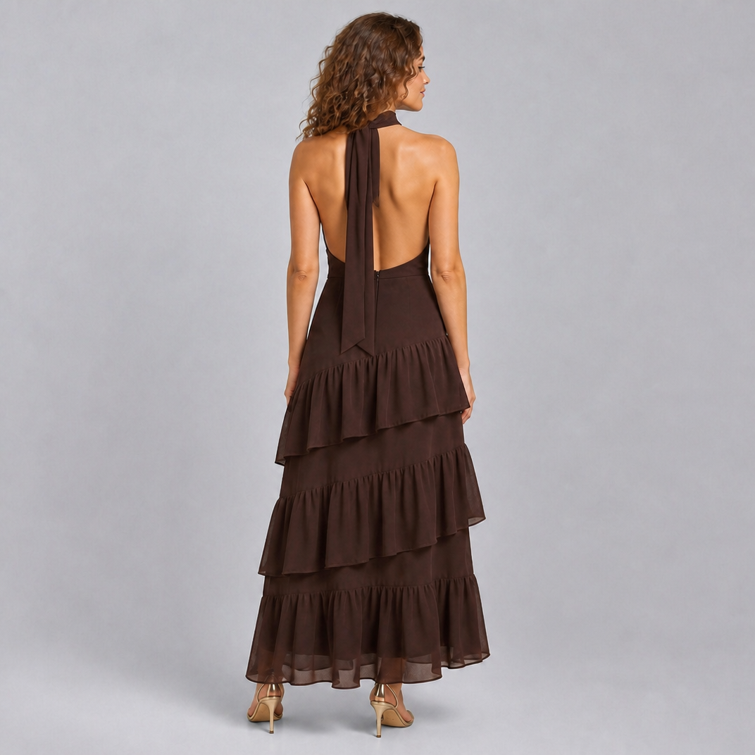Xanthe | Layered Halter Neck Draped Chiffon Maxi Evening Dress
