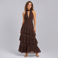 Xanthe | Layered Halter Neck Draped Chiffon Maxi Evening Dress
