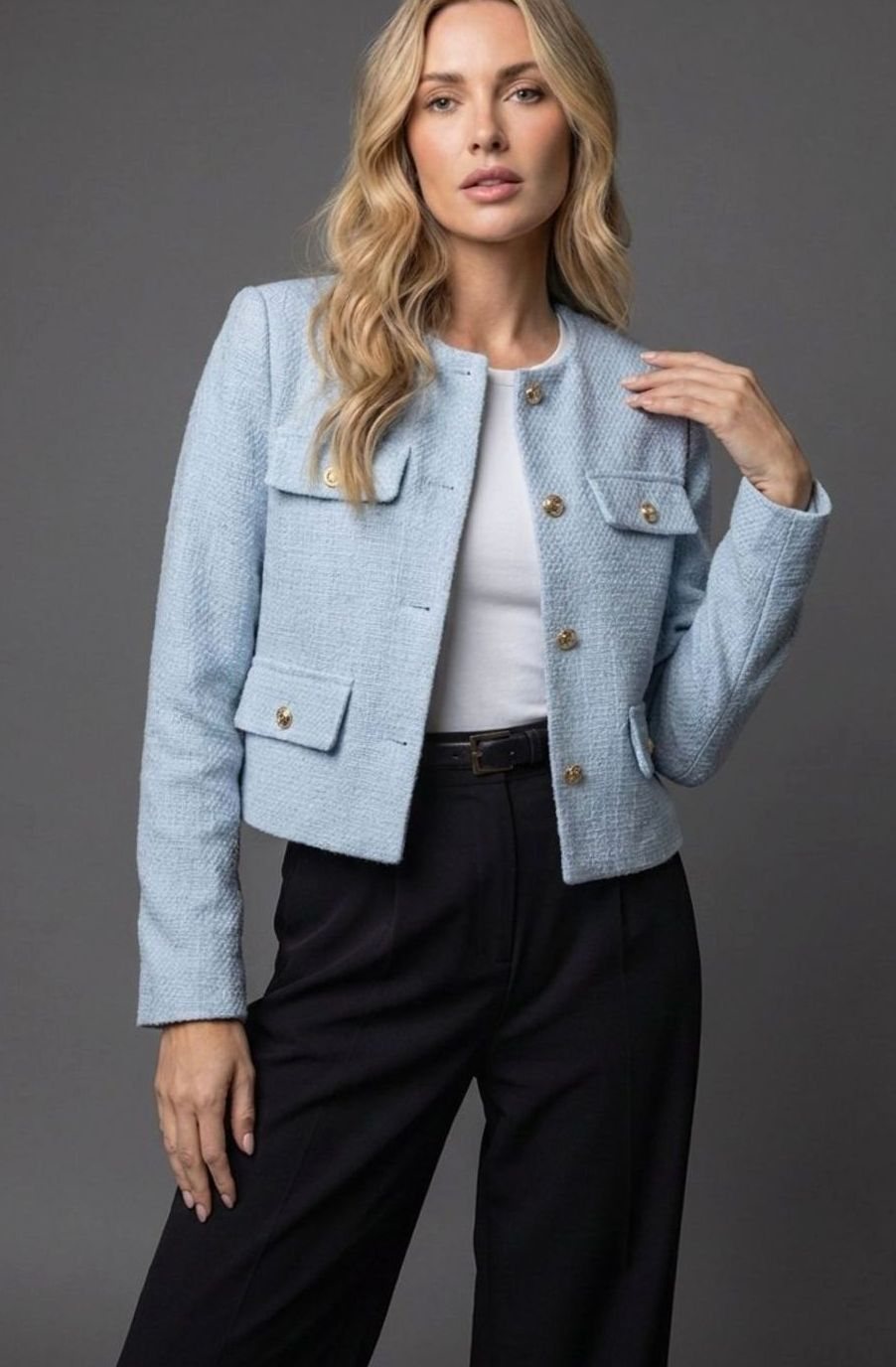 Mathilde | Double Breasted Velvet Tweed Blazer Jacket Coat — Light Blue