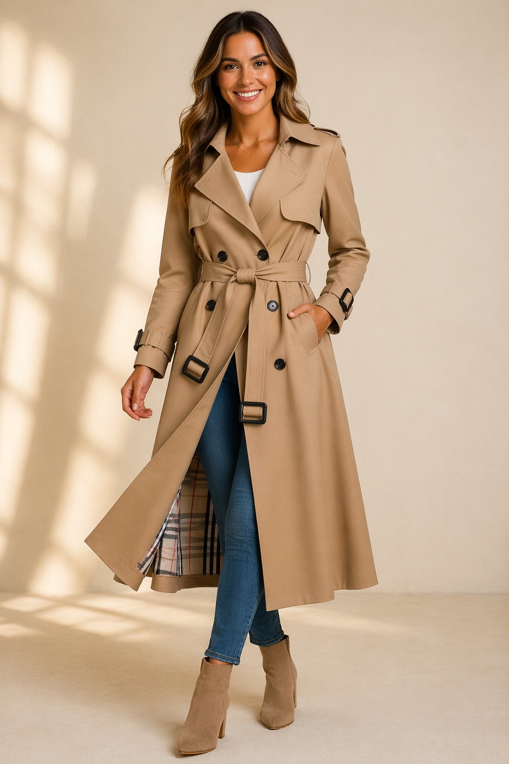 Violaine | Double Breasted Belted Long Wool Trench Coat Black — Beige