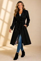 Violaine | Double Breasted Belted Long Wool Trench Coat Black — Black