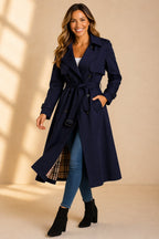 Violaine | Double Breasted Belted Long Wool Trench Coat Black — Navy