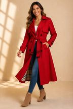 Violaine | Double Breasted Belted Long Wool Trench Coat Black — Red