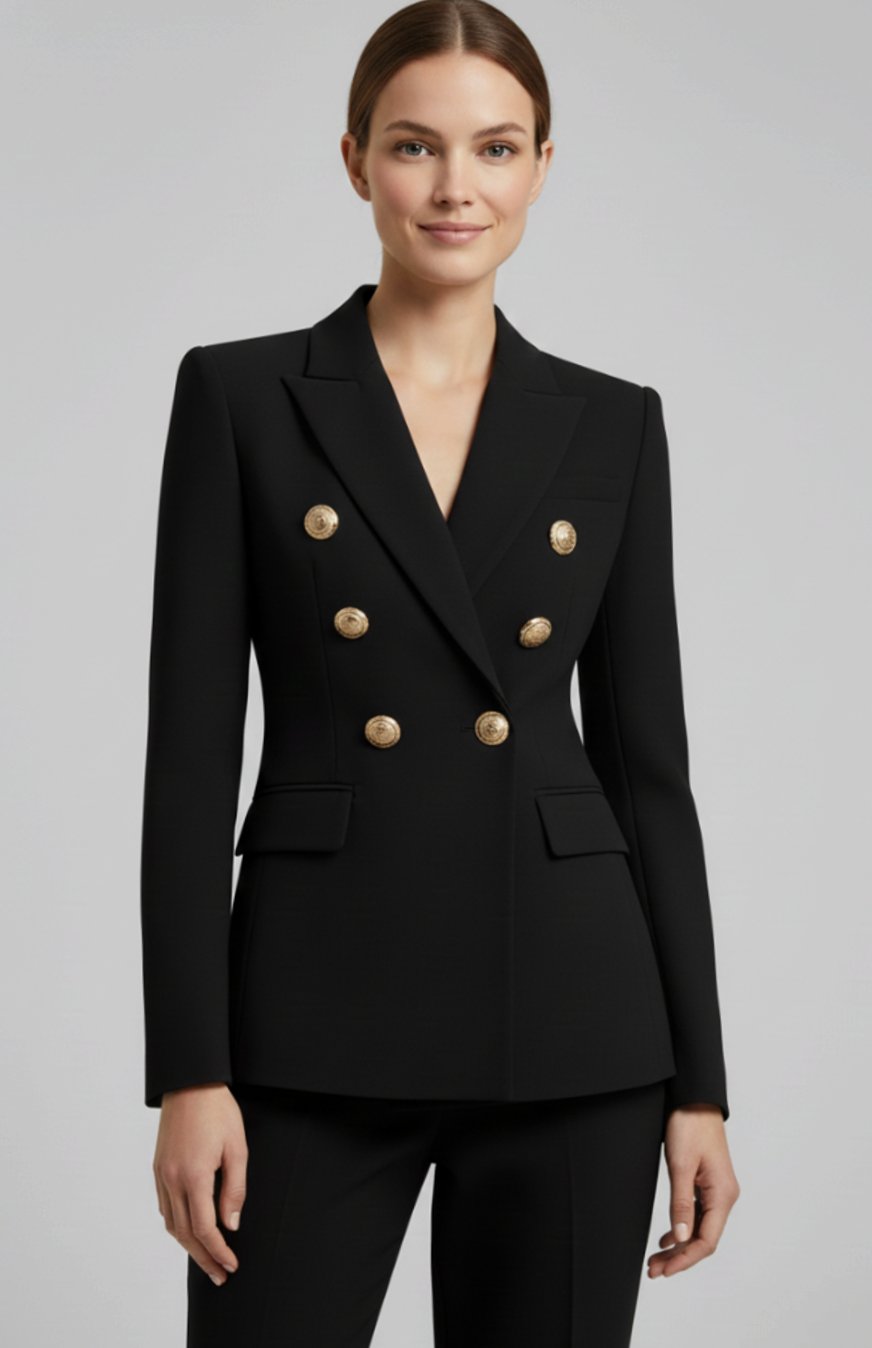 Marguerite | Velvet Sequin Pink Black Gold Buttons Double Breasted Blazer Coat