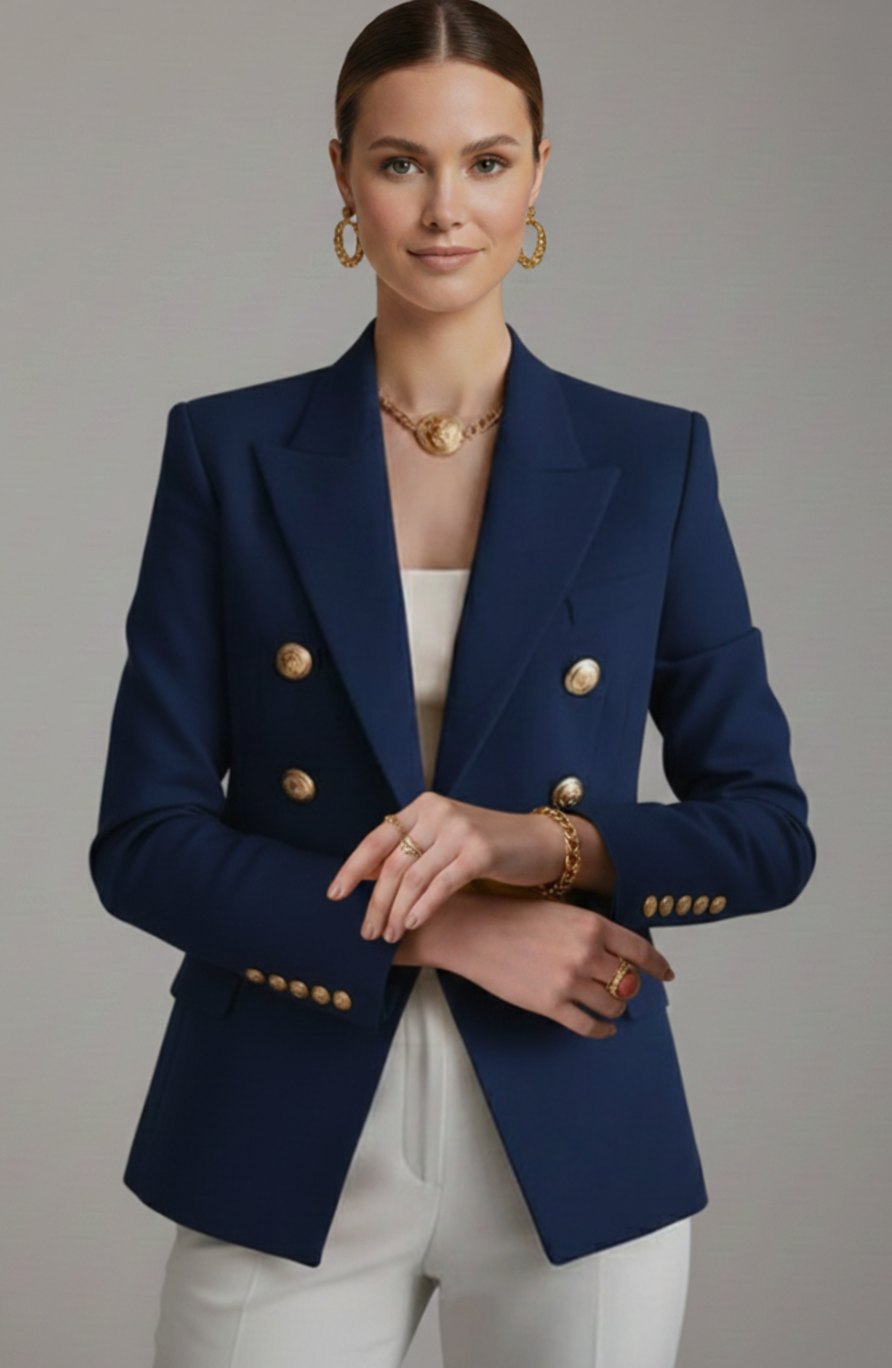 Marguerite | Velvet Sequin Pink Black Gold Buttons Double Breasted Blazer Coat — Black
