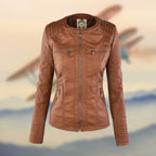 Valentina | Black Tan Leather Biker Moto Puffer Jacket Fur Collar