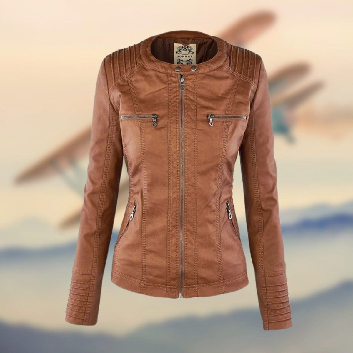 Valentina | Black Tan Leather Biker Moto Puffer Jacket Fur Collar