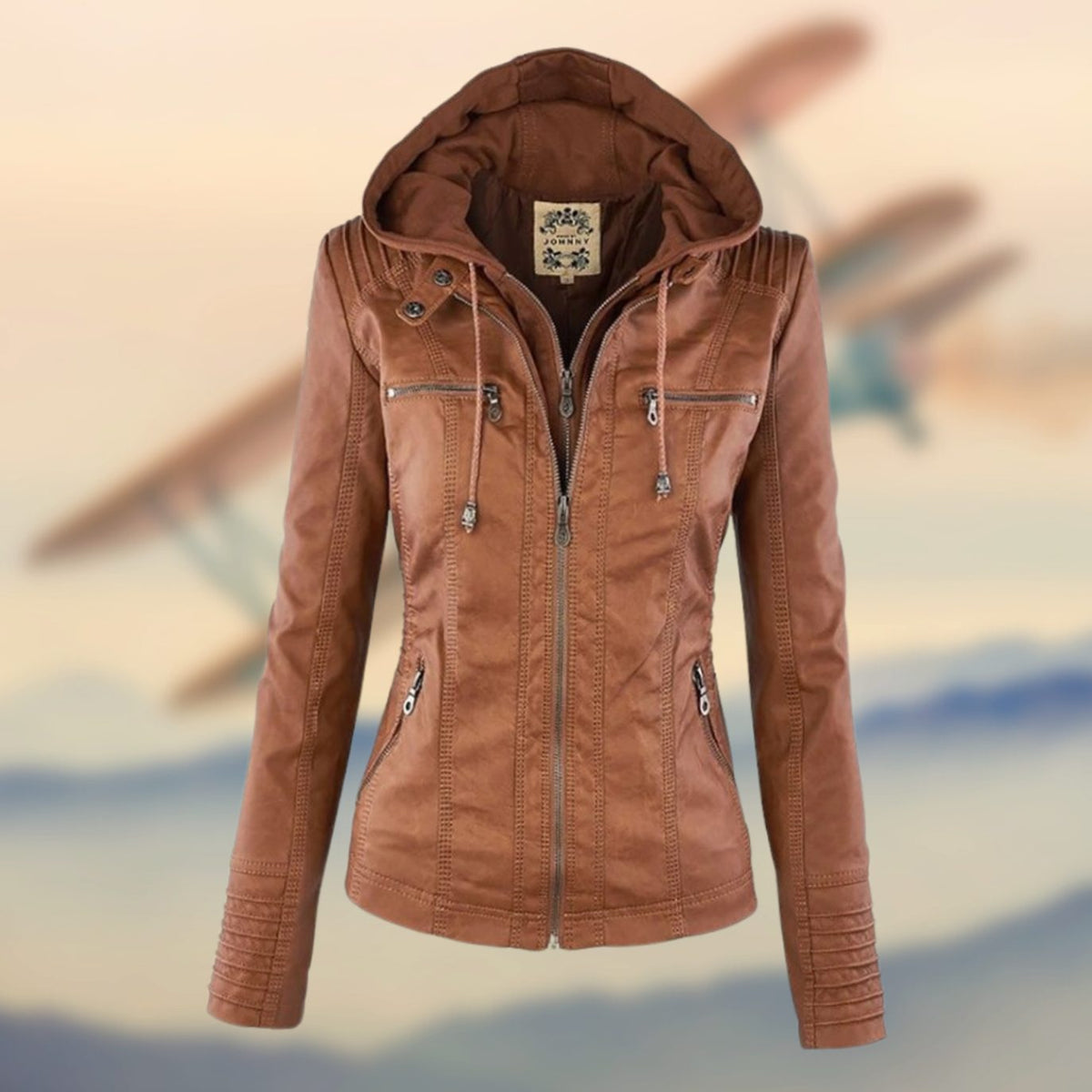 Valentina | Black Tan Leather Biker Moto Puffer Jacket Fur Collar — Brown