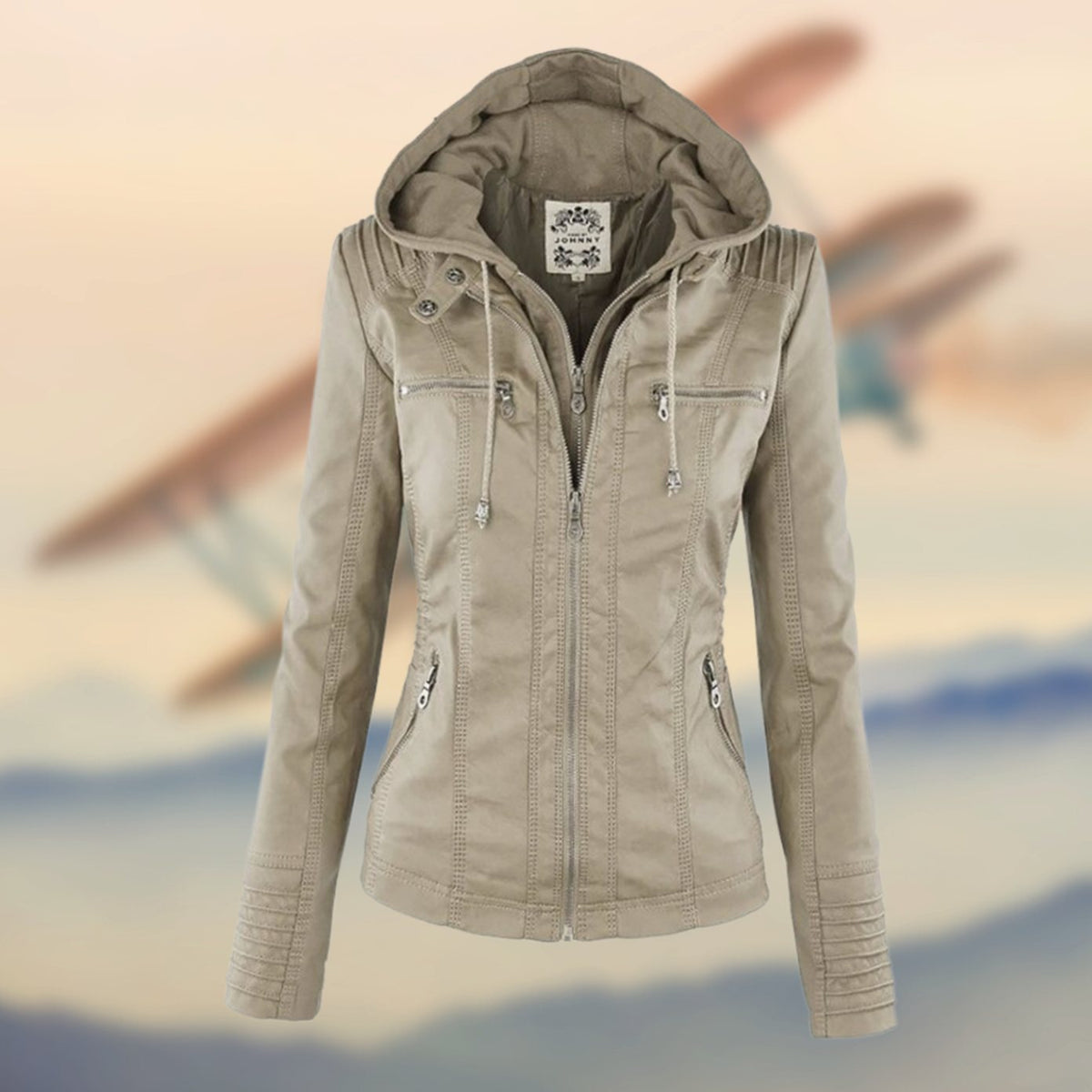 Valentina | Black Tan Leather Biker Moto Puffer Jacket Fur Collar — Beige